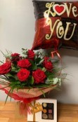 12 Red Rose Hand Tied, Balloon and Begian Chocolates